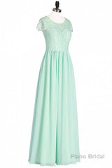 Sage Green Lace and Chiffon Cap Sleeve A-Line Long Bridesmaid Dress