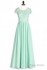 Sage Green Lace and Chiffon Cap Sleeve A-Line Long Bridesmaid Dress