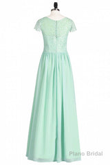 Sage Green Lace and Chiffon Cap Sleeve A-Line Long Bridesmaid Dress