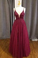 Wine Lace Appliques V-Neck A-Line Prom Dresses