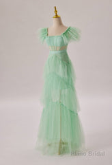 Mint Green Flare Sleeves Ruffles Long Party Dress