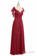 Wine Red Chiffon Backless Ruffled Sleeve Long Bridesmaid Dress