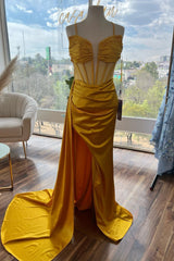 Yellow Beaded Mermaid Satin Deep V Neck Long Prom Dress with Slit