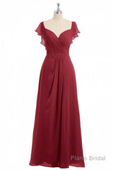 Wine Red Chiffon Backless Ruffled Sleeve Long Bridesmaid Dress