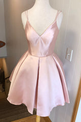 V Neck Straps Short Pink Homecoming Dress