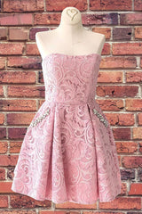 Strapless Lace Pink Homecoming Dresses with Pockets