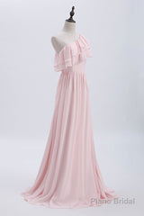 Ruffles Pink One Shoulder Chiffon A-line Long Bridesmaid Dress