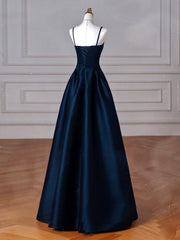 Simple A-Line Dark Blue Satin Long Prom Dresses, Dark Blue Long Formal Dresses