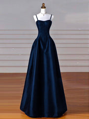 Simple A-Line Dark Blue Satin Long Prom Dresses, Dark Blue Long Formal Dresses