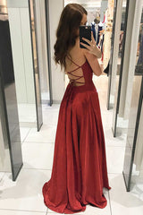 Red Spaghetti Straps V-neck Long Prom Dresses, Shiny A Line Party Gown