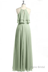 Sage Green Chiffon Halter Ruffle A-Line Long Bridesmaid Dress