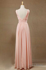 Elegant Plush Pink V-Neck Open Back A-Line Long Bridesmaid Dress