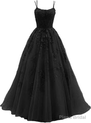Womens Lace Appliques Prom Dresses Long Spaghetti Strap Ball Gowns Tulle Formal Dresses for Party