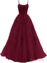 Womens Lace Appliques Prom Dresses Long Spaghetti Strap Ball Gowns Tulle Formal Dress for Party