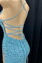 Blue Mermaid Sequins V Neck Lace-Up Back Long Prom Dress with Slit