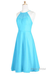 Pool Blue Chiffon Halter Short Bridesmaid Dress