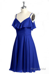 Royal Blue Spaghetti Straps Ruffled A-Line Short Bridesmaid Dress