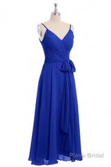 Royal Blue V-Neck Spaghetti Straps Tea-Length Bridesmaid Dress