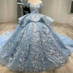 Blue Off Shoulder Ball Gown Prom Dresses Sweet 16th Dresses