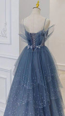 Shiny Tulle A-Line Spaghetti Straps Blue Prom Dresses Party Gowns Evening Dresses