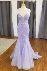 Tulle With Appliques Lilac Long Sweetheart Prom Dresses With Straps