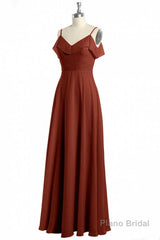 Rust Orange Chiffon Straps Ruffled A-Line Bridesmaid Dress