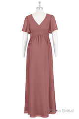 Brown V-Neck High-Waist Long Maternity Bridesmaid Dress