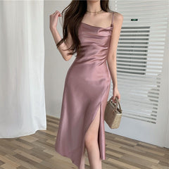 Summer Women Sexy Party Dresses High Slit Spaghetti Strap Vintage Pink Long Satin Slip Dresses Plus Size