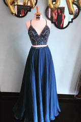 Sparkly Two Piece Sequins Navy Blue Long Prom Dresses