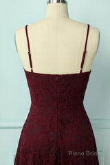 Spaghetti Strap High-Low Burgundy Lace Bridesmaid Dress