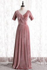 Blush Velvet Long Party Dress with Short Sleeves