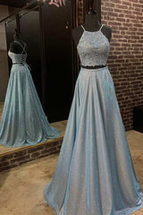 Two Piece Blue Long Formal Dresses with Lace Top