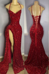 Red Sequins Prom Dresses with Slit Shiny Floor-Length Party Dresses