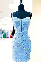 Light Blue Straps Sheath Beaded Sequined Homecoming Dresses