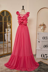 Rose Pink Ruffle Shoulder Plunging V Neck A-line Lace-Up Long Prom Dress