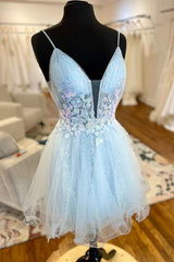 Light Blue Tulle Open Back A-Line Short Party Dress