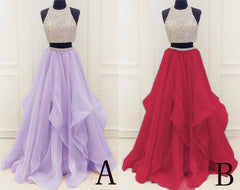 Two Piece High Neck Burgundy Prom Dress, Beaded Open Back Evening Gowns