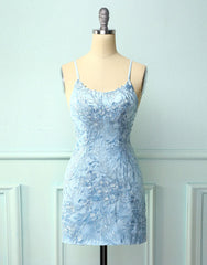 Baby Blue Spaghetti Straps Tight Homecoming Dress With Appliques