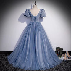 Ball Gown Dusty Blue Prom Dress with Bubble Sleeves