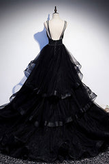 Black Tulle Open Back V Neck Beaded Layered Long Prom Dresses