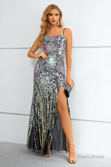 Black Spaghetti Straps Beaded Prom Dress With Slit