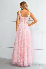 Pink A-Line Lace-Up Back Prom Dress With 3D Flowers