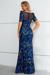 Royal Blue Sequined Short Sleeves Formal Dress