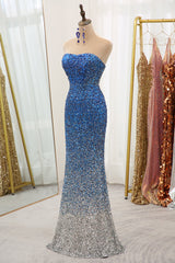 Sparkly Ombre Blue Mermaid Strapless Long Sequin Prom Dress