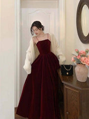 A-line Straps Wine Red Velvet Long Formal Dresses, Wine Red Prom Dresses