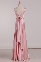 Pink V Neck Satin Backless Long Party Dress Bridesmaid Dress