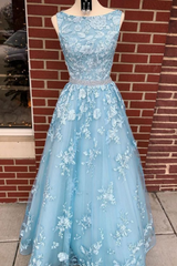 Dusty Blue A-line Backless Prom Dresses Long Dusty Blue Lace Formal Dresses