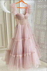 Dusty Rose Teried Tulle Tea Length Prom Dresses