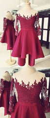 Cute High Low Lace Applique Burgundy Homecoming Dresses, Short Prom Dresses, E0744