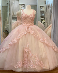 Quinceanera Sweet Tulle Ball Gown 16 Lace Pink Party Flower Sparkly Prom Dresses